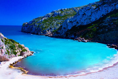 Scenic view of sea against clear blue sky