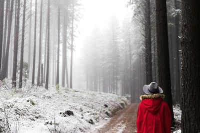 Rear view of woman walking on snow covered landscape