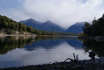 Scenic view of lake and mountains against sky