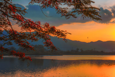 Scenic view of lake against orange sky