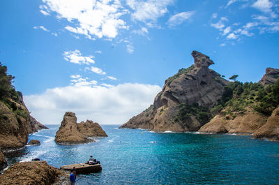 Scenic view of sea against blue sky