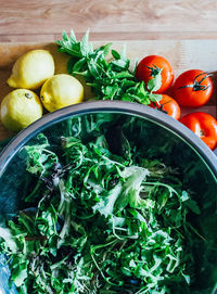 High angle view of chopped vegetables on table