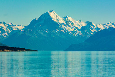 Scenic view of sea and snowcapped mountains against sky