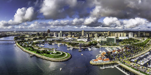 High angle view of river amidst buildings in city