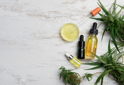 High angle view of beauty products on table