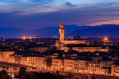 Illuminated buildings in city