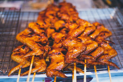 Close-up of meat on skewers