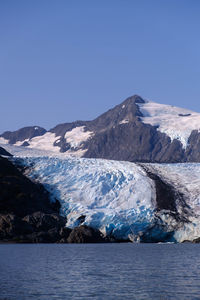 Scenic view of snowcapped mountains against clear blue sky