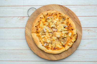 High angle view of pizza on table