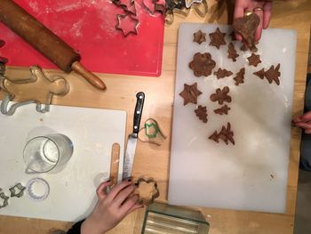 High angle view of person preparing food on table