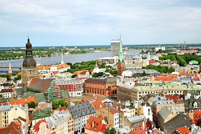 High angle view of townscape against sky in city