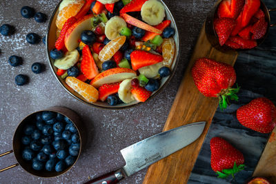 High angle view of chopped fruits in bowl