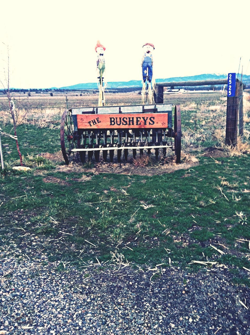 text, western script, clear sky, communication, built structure, architecture, human representation, sky, day, building exterior, outdoors, field, art, no people, art and craft, fence, sign, graffiti, creativity, guidance