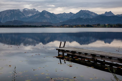 Scenic view of lake by mountains against sky