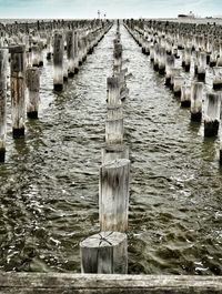 Wooden posts in sea