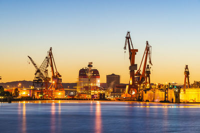 Shipping cranes at sunset