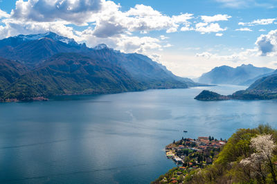 A view of lake como, photographed in san rocco, with bellagio, mountains, two branches of the lake.