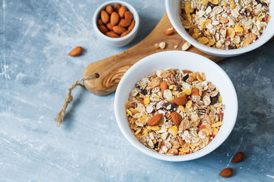 High angle view of breakfast cereals on table