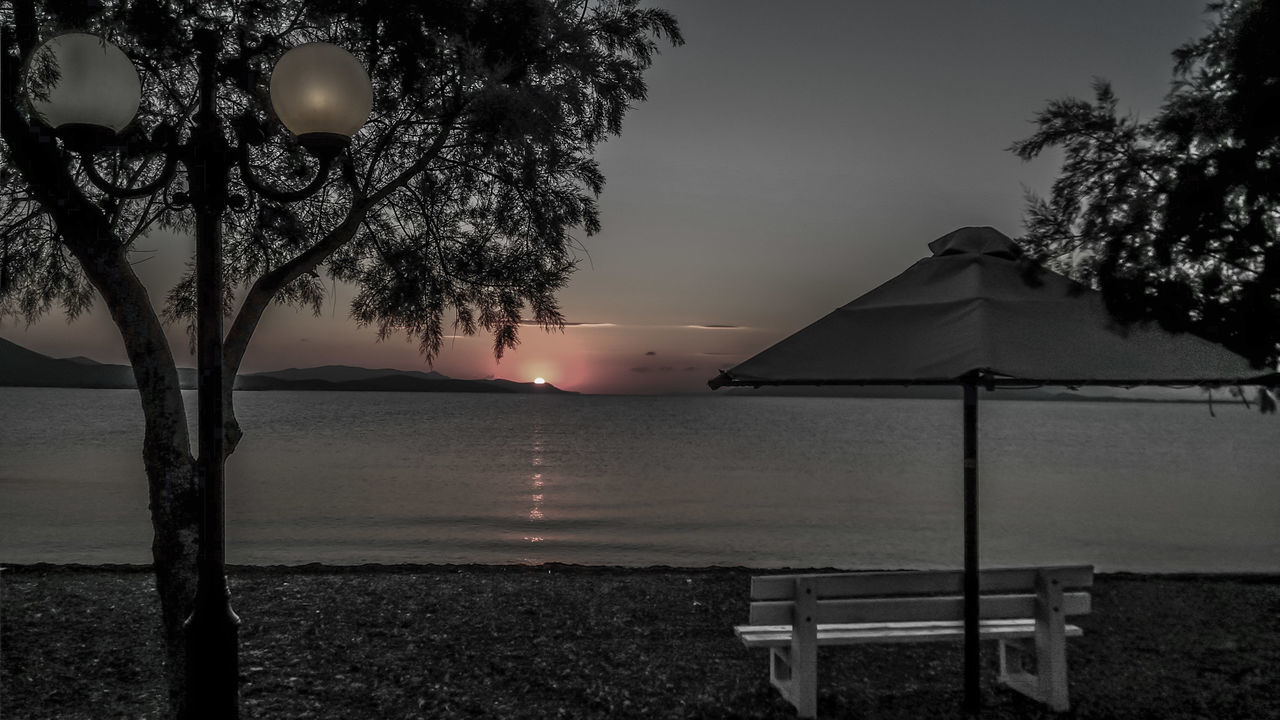 tree, water, sky, tranquility, street light, lighting equipment, tranquil scene, scenics, nature, sea, branch, sunset, beauty in nature, horizon over water, outdoors, no people, reflection, idyllic, sunlight, growth