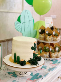 Close-up of dessert served on table