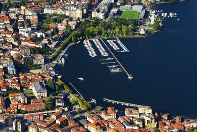 High angle view of sea against built structures