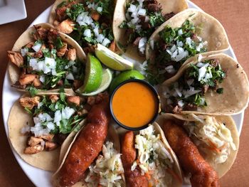 High angle view of food in plate