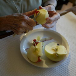 High angle view of hand holding fruits on table