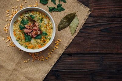 High angle view of breakfast on table
