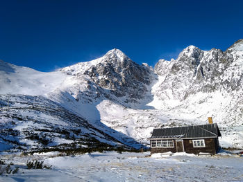 Snowcapped mountains against clear blue sky