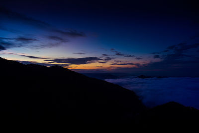 Scenic view of silhouette mountains against sky at sunset