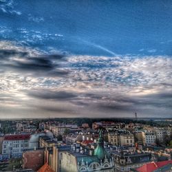 High angle shot of cityscape against sky