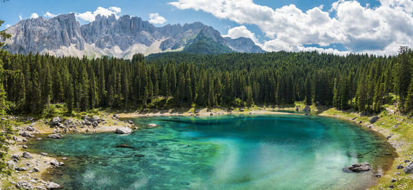 Enchanted panorama. lake of carezza. dolomites, italy