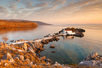 Agios isidoros church in northern chios at sunrise.