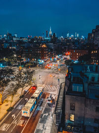 High angle view of city street at night