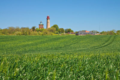 Scenic view of lighthouse on field in front of clear blue sky