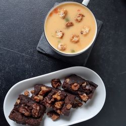 High angle view of breakfast served on table