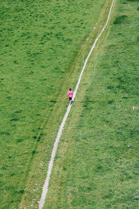 High angle view of person on road amidst field