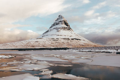 Scenic view of snow covered mountain against sky