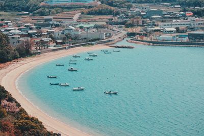 High angle view of boats on beach