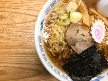 High angle view of soup in bowl on table