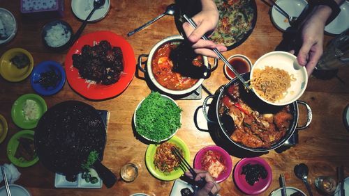 High angle view of meal served on table