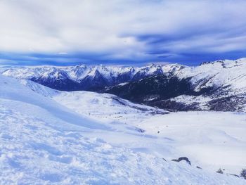 Scenic view of snowcapped mountains against sky