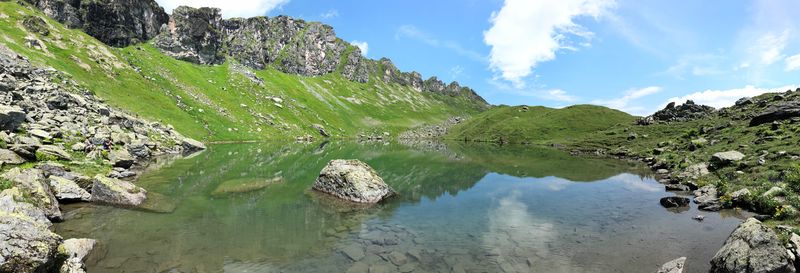 Panoramic view of lake amidst mountains against sky