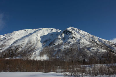 Scenic view of snowcapped mountains against clear sky
