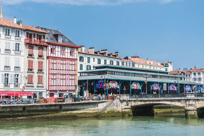 Bridge over river by buildings in city against sky