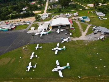 High angle view of airplane flying in sky