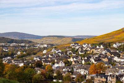 Scenic view at bernkastel-kues and the river moselle valley in autumn with multi colored landscape