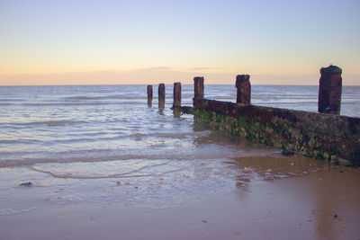 Wooden posts on beach against clear sky