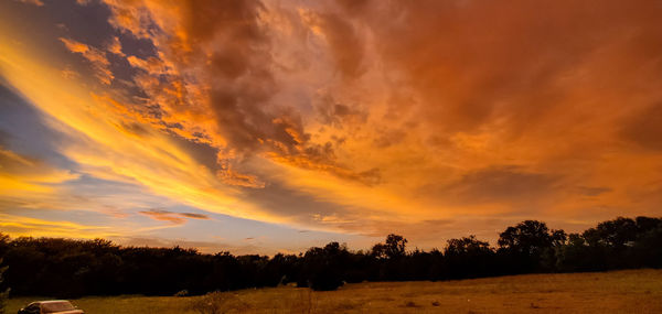 Silhouette trees on field against romantic sky at sunset