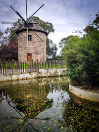 Built structure by lake against sky